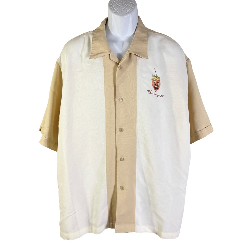 Cubavera Camp Shirt Mens XXL Tan Flaming Gringo Hot Is Good Colorblock Rayon